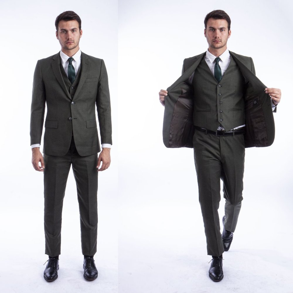 Hybrid-Fit Dark Olive Sharkskin 3pc Suit w/ Expandable Waistband